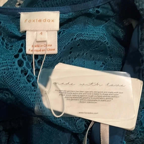 NWT $195 foxiedox | Gloria | Lace Dress with Sheer Arms in Sapphire & Teal Black - Picture 11 of 16